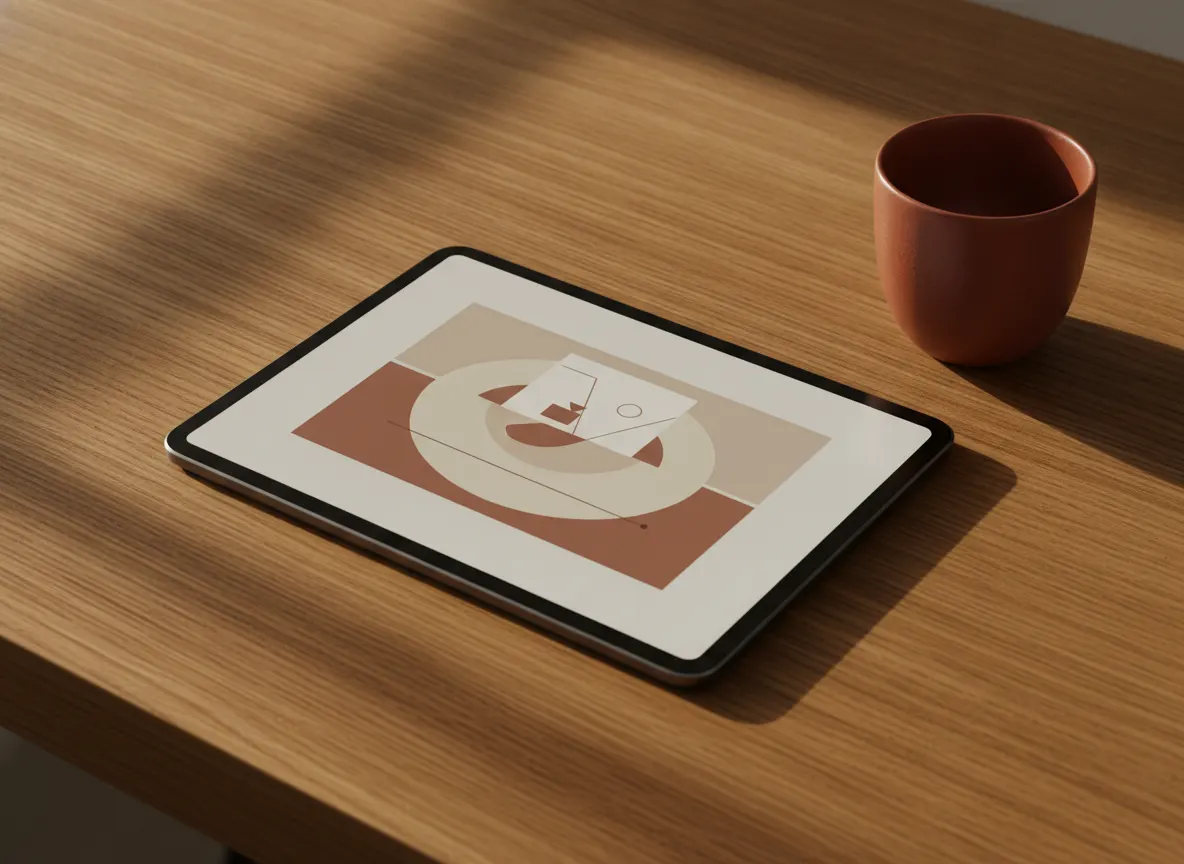 Nærbilde av et nettbrett og en keramisk kaffekopp på et lyst eikebord