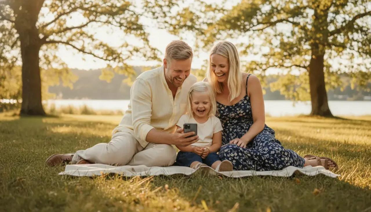 En smilende familie med et lite barn koser seg på piknikpledd i en solfylt park og ser på mobilen