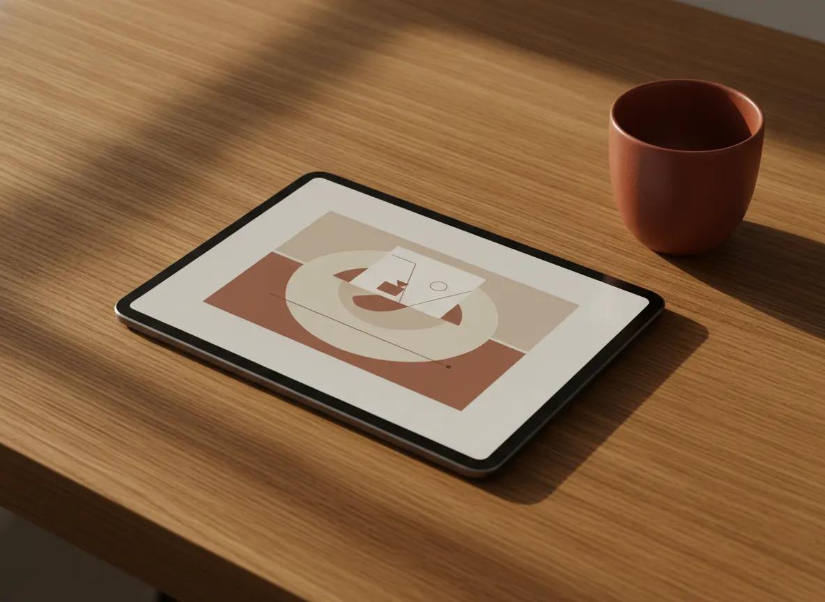 Nærbilde av et nettbrett og en keramisk kaffekopp på et lyst eikebord