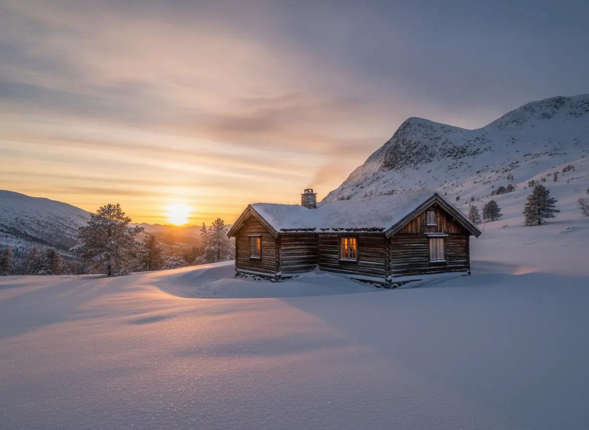 En koselig trehytte i snødekte norske fjell i solnedgang med varmt lys i vinduene
