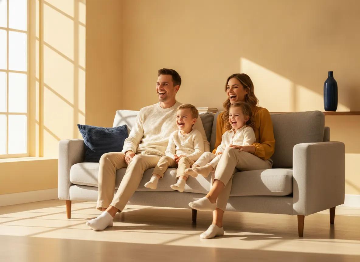 En lykkelig ung familie med to barn som sitter sammen i en solfylt, koselig stue og ler