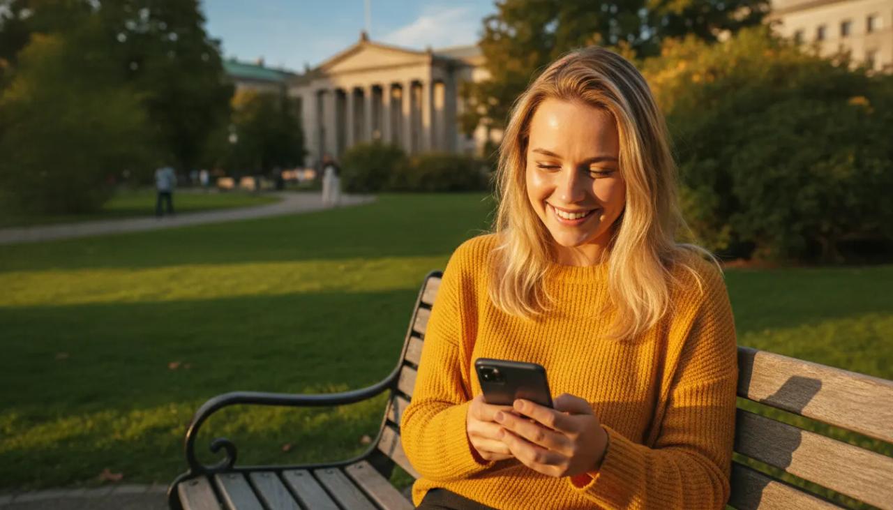 Smilende ung kvinne sitter på en parkbenk i Oslo og ser på mobiltelefonen sin i det varme sollyset