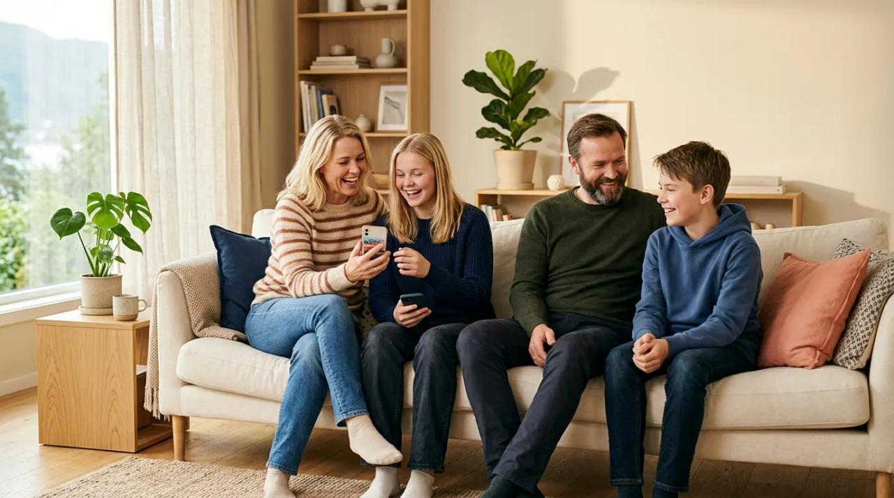 Smilende familie på fire som koser seg i sofaen i en lys stue