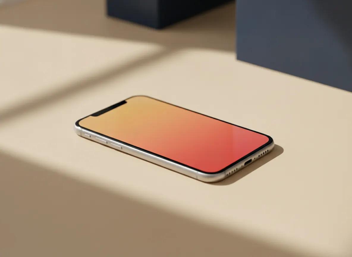 En moderne smarttelefon som ligger på en varm beige overflate, med en lysende, ren skjerm i varme farger.