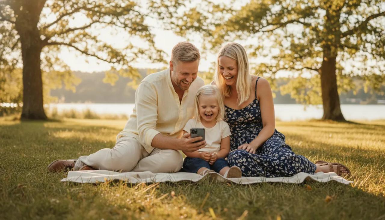 En smilende familie på tre bruker mobilen sammen ute i en solfylt park med varmt dagslys.