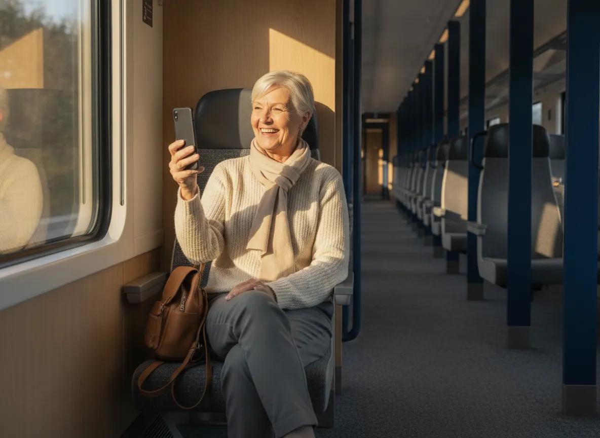 En smilende, active eldre herre som koser seg med mobilen på et lyst og trivelig tog i farta.