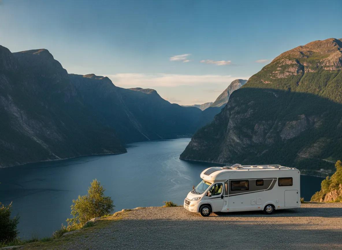 En moderne hvit bobil parkert ved en vakker norsk fjord omgitt av høye grønne fjell på en solrik sommerdag