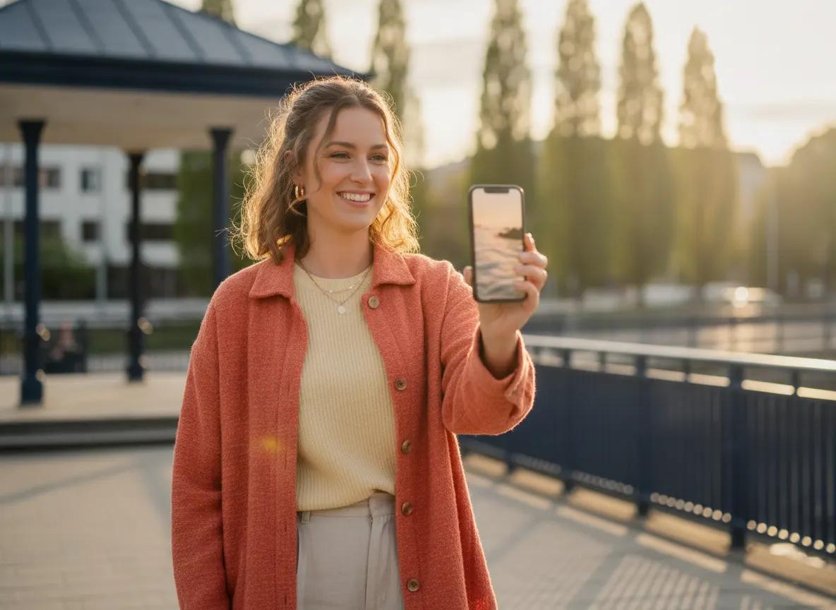 En smilende ung kvinne strømmer video på mobilen utendørs i en solfylt park in Oslo