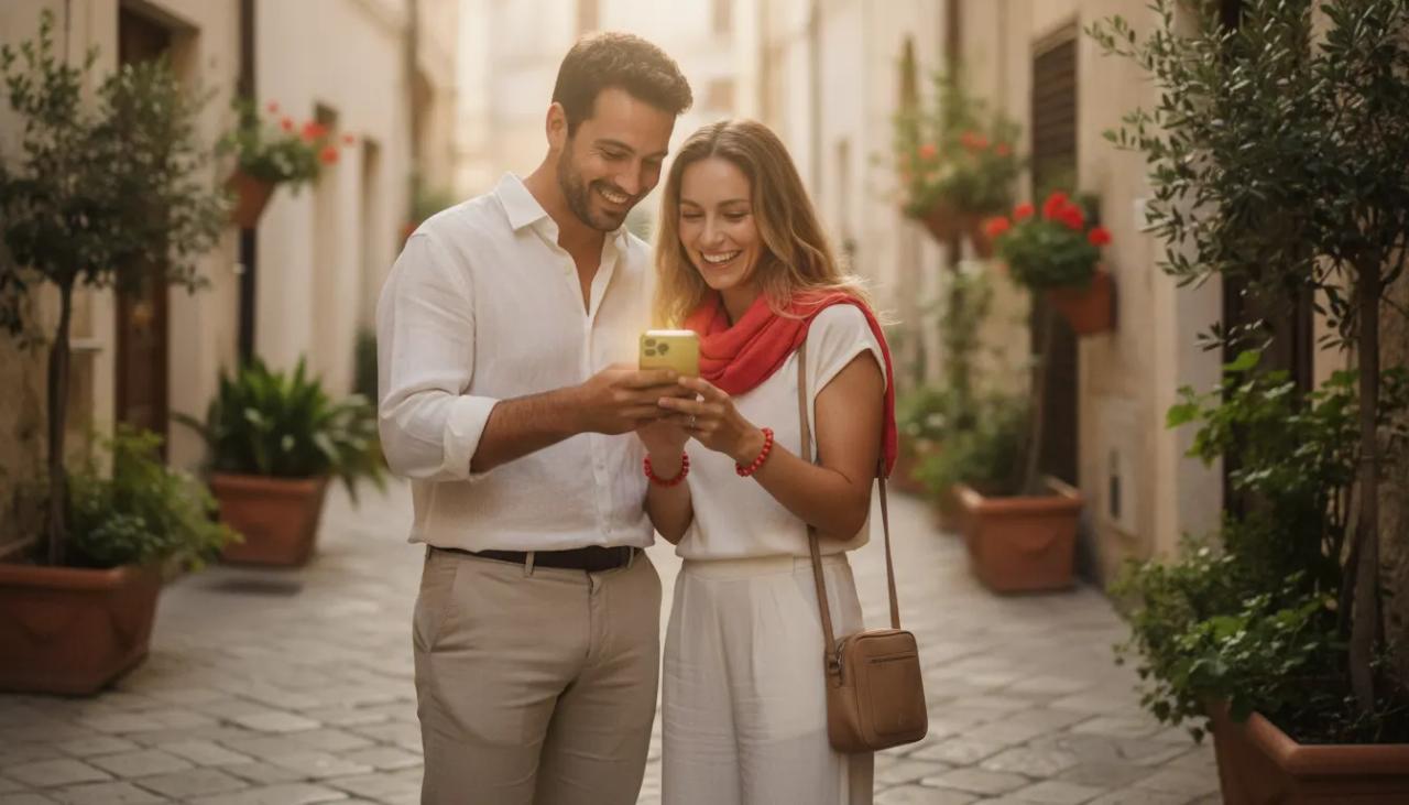 Et ungt par som smiler og ser på mobilen sammen i en koselig, solfylt italiensk gate